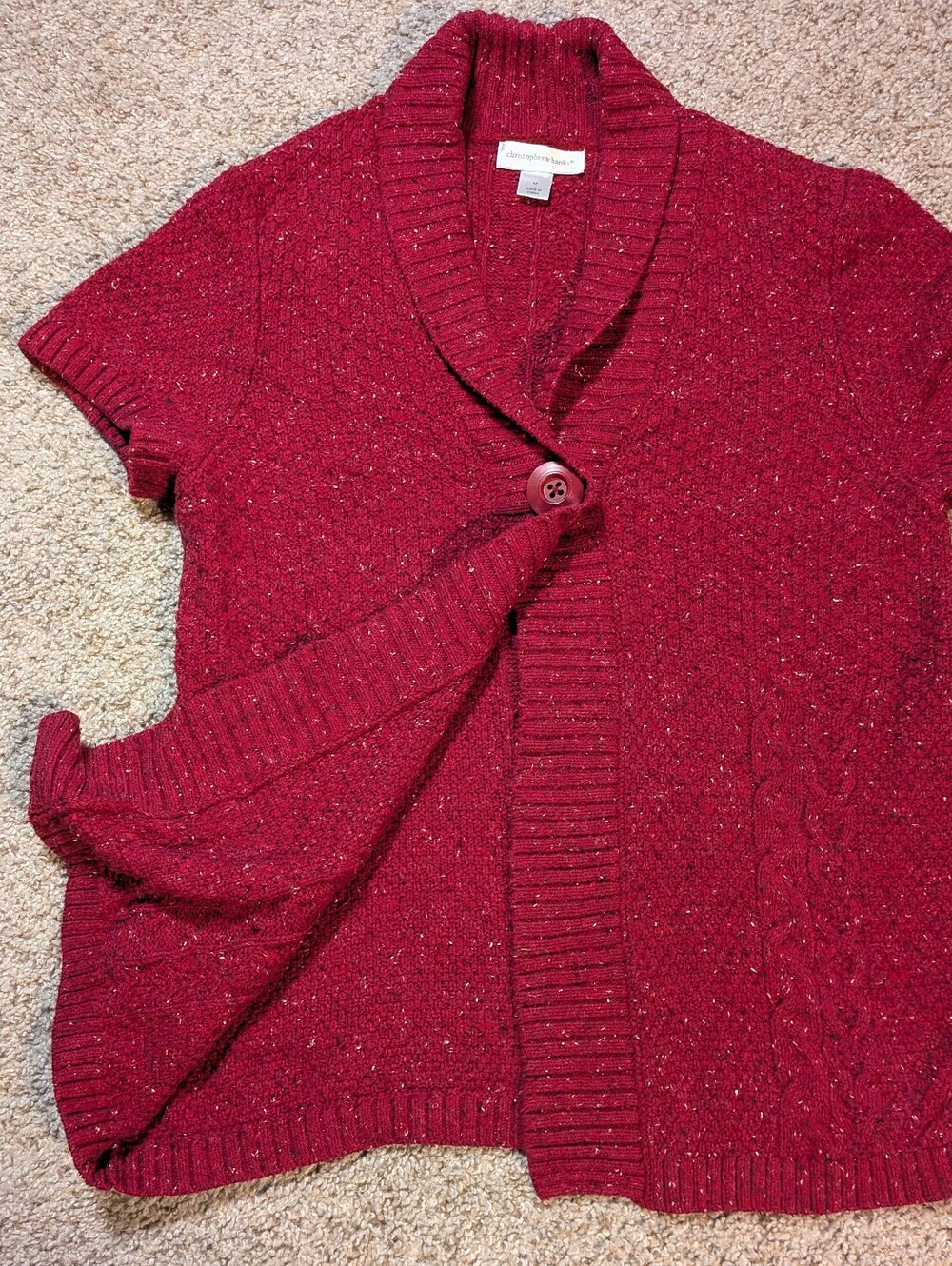 Christopher & Banks burgundy/red short-sleeve cardigan shawl collar and single M